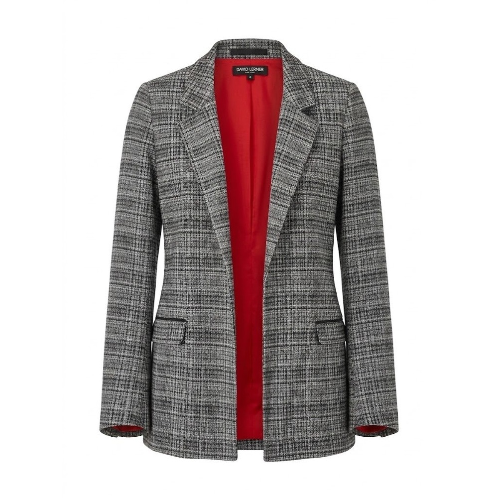 David Lerner Blazer Womens Small Grey Glen Check Open Front Dark Academia Modern